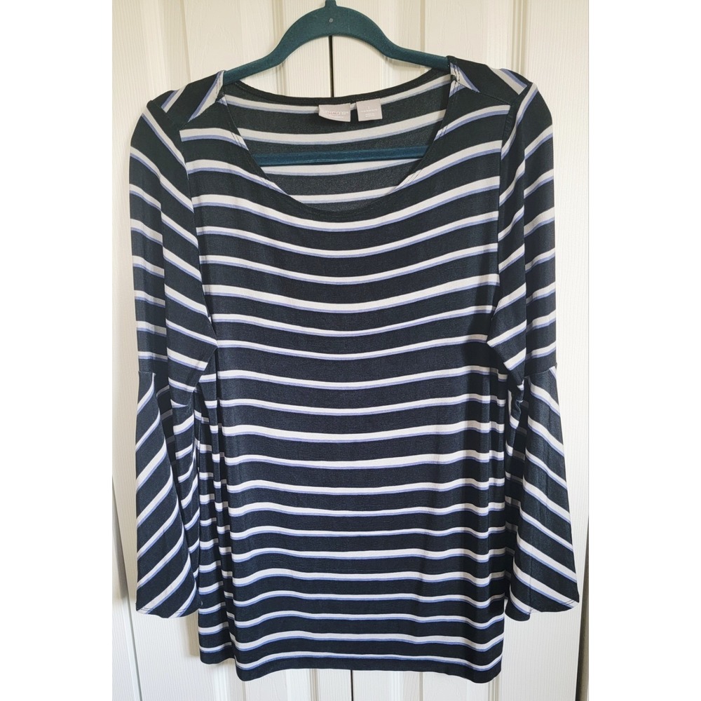 Chico's Travelers 1 Blue Striped‎ Boat Neck Handkerchief Sleeve Top No Wrinkle